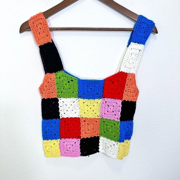 debut Tops - Debut Patchwork Colorblock Crochet Grannycore Cropped Top Women's Size M/L
